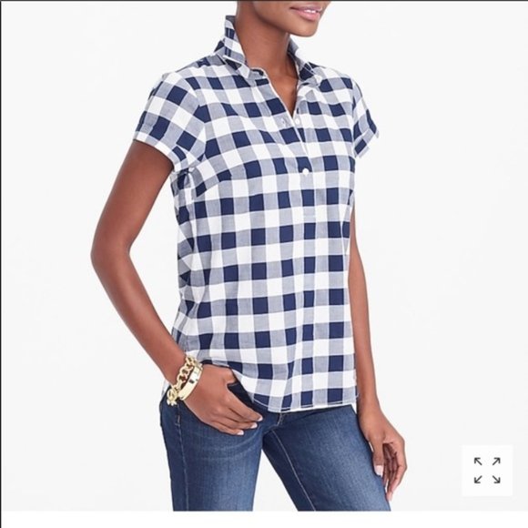 J. Crew Factory Tops - J.Crew Gingham Popover Shirt Plaid Blue XS #4455